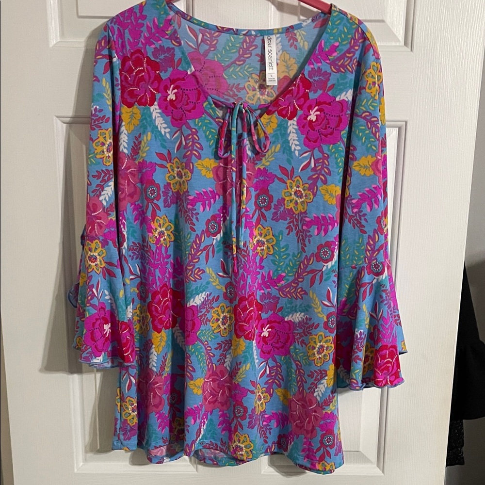 Floral Tie-Neck Tunic in Teal & Fuchsia